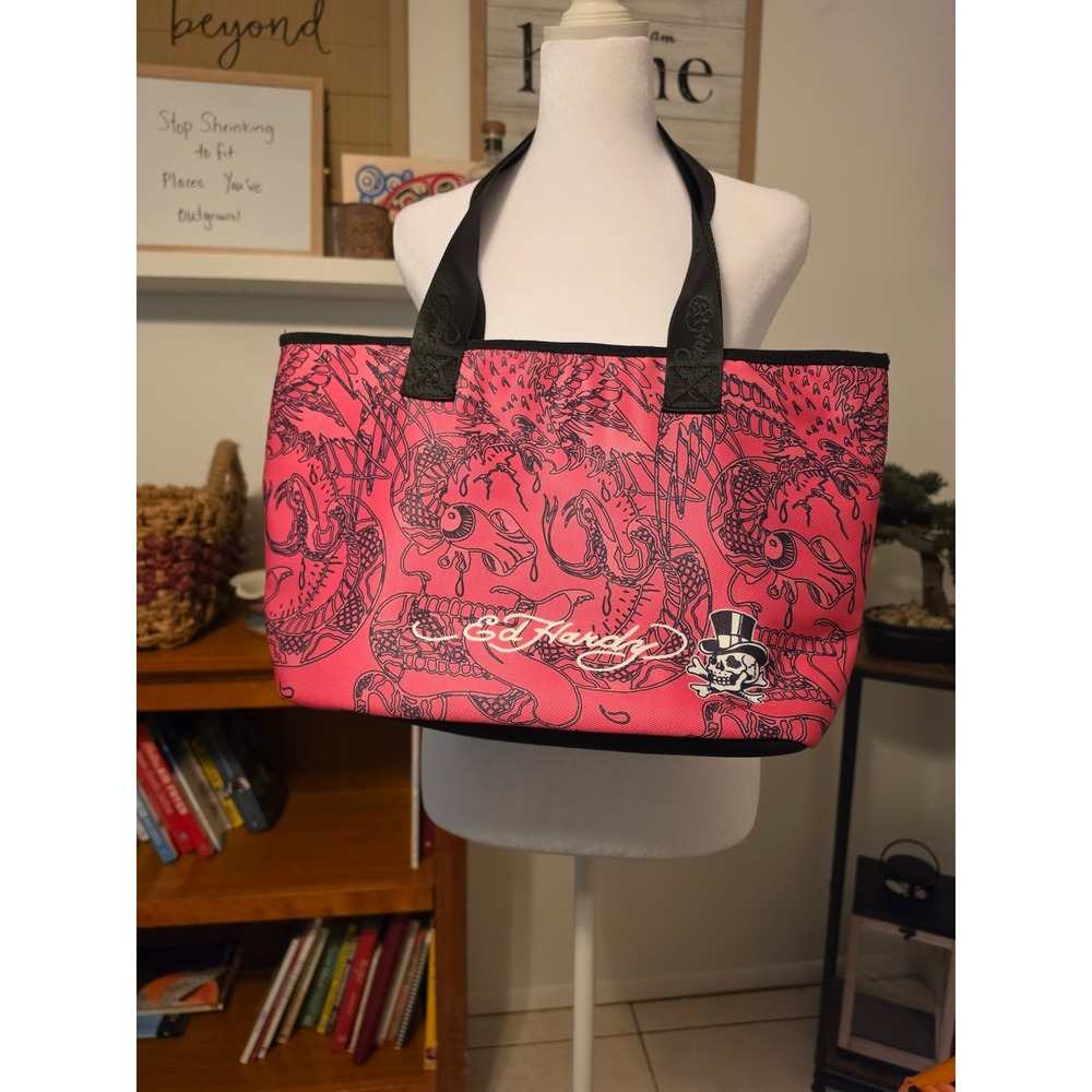 Ed Hardy Pink Tattoo Graphic Tote Bag Tiger Skull Rose Y2K Canvas Handbag NEW - Picture 2 of 2
